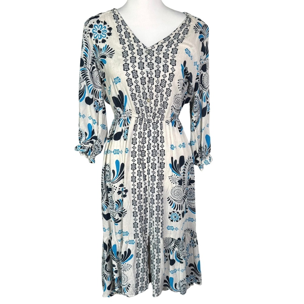 FIGUEROA & FLOWER ANTHROPOLOGIE Medium White Blue Floral Paisley Boho Maxi Dress